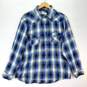 Ryan Michael Shirt Mens XL Blue Plaid Western Flannel Metal Snap Sawtooth Pocket